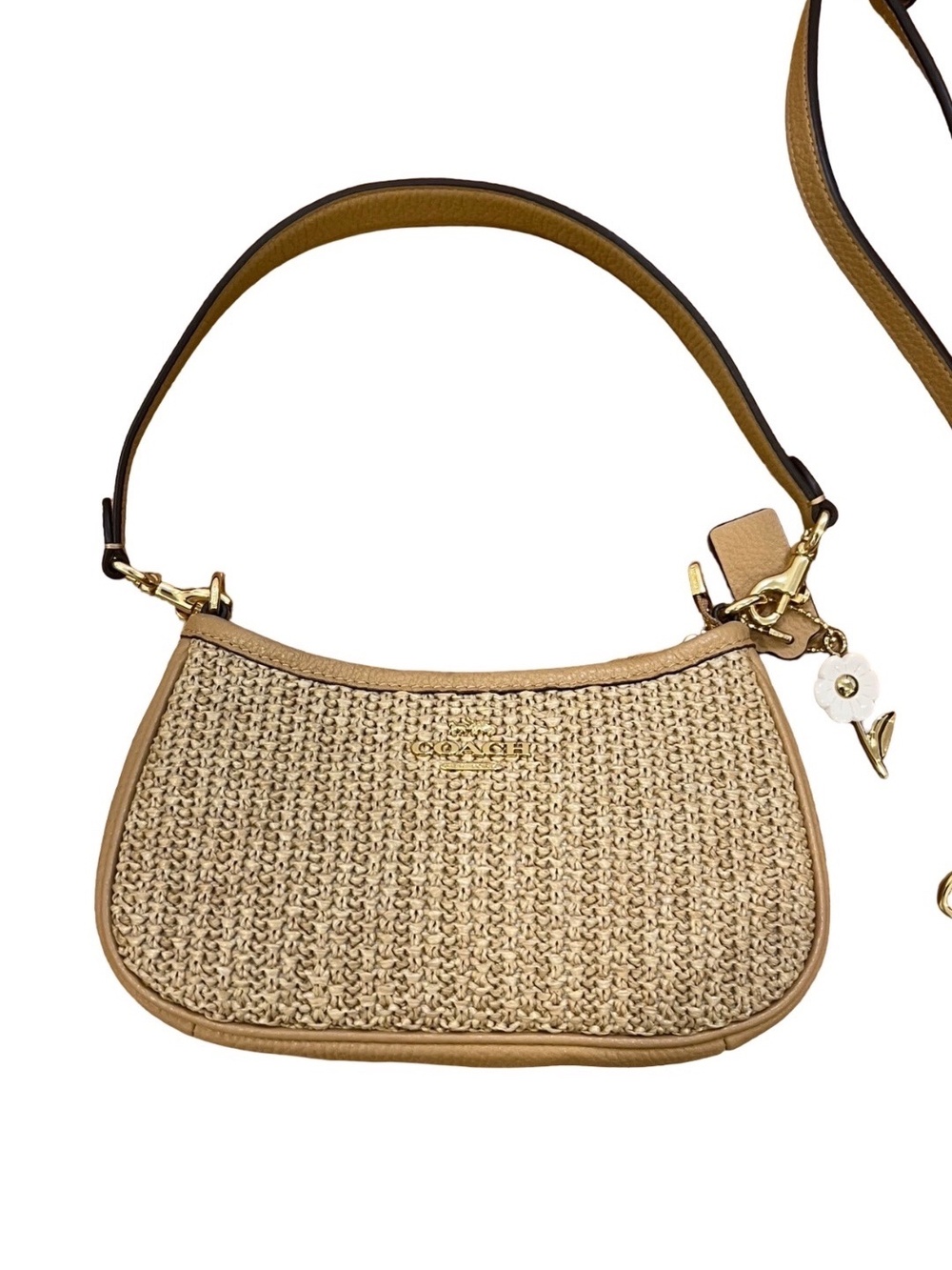 Coach Swinger Straw Woven Leather Shoulder Bag Tan Gold Daisy Charm
